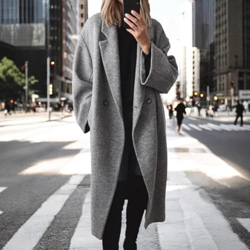 HEBEOT Trench lungo da donna, in lana, per autunno e inverno, alla moda, versatile, con maniche lunghe, casual, tinta unita, per uso quotidiano (XXL grigio)