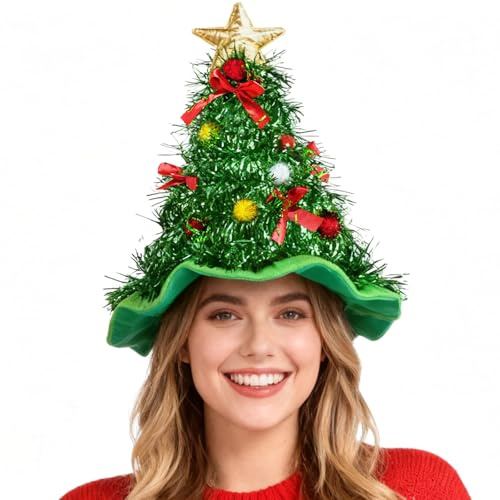 Jococs Christmas Tree Hat Costume Xmas Tree Head Accessories Green Santa Hat for Christmas Party Supplies