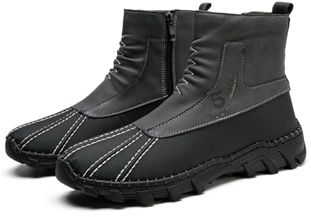 Men's Waterproof Mid Top Patchwork Leather Ankle Hiking Boots with Side Zipper Lightweight Non Slip Motorcycle Riding Soft Wide Round Toe Arch Support Shoes for Outdoor Camping Walking Driving Snowy