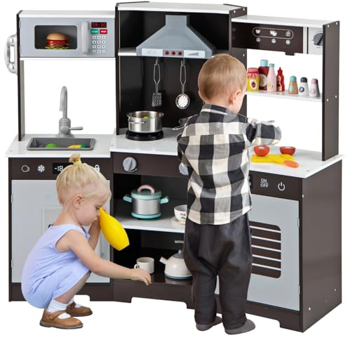 Maxmass Wooden Kids Corner Kitchen, Children Toy Kitchens with Lights & Sounds, Range Hood, Ice Maker, Sink, Telephone, Coffee Maker, Utensils, Toddler Role Play Kitchens for 3 + Years Old (Brown)