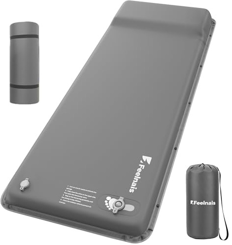 Feelnais Self Inflating Sleeping Pad, Memory Foam Camping Pad with Foot Pump, Memory Foam Mattress with Pillow, 4 Season Camping Mattress Pad, Camping Essentials Gear for Tent/Car/Camp - Grey