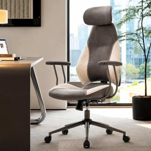 Fabuleux Stylish Suede Fabric Desk Office Chair, High Back Ergonomic Chair with 3D Adjustable Headrest, Executive Swivel Office Chair for Home Office, Bedroom and Study, Charcoal Grey