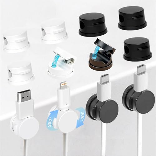 [12 Pack] LauCentral 360° Rotatable Spring Cable Holder Clips, No Residue Adhesive Cord Management, Wire Organiser for USB/HDMI/Phone Charging, Desk/PC/Car/Wall/Office/Home - Black&White