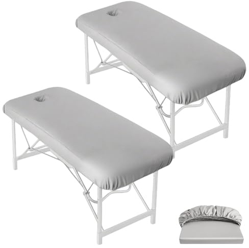 2 stycken dra-på-överdrag för massagesäng med hål 70 x 190 x 12 cm, tvättbar, ventilerande, elastiskt överdrag för massagesäng med ansiktshål för kosmetisk säng, spa, terapi, grå