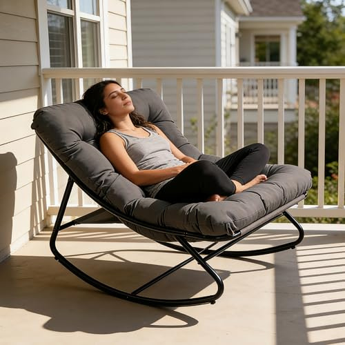 HavenGlide Schaukelstuhl für drinnen & draußen mit Kissen, XXL Schaukelsessel mit Hocker, Outdoor Lounge Sessel, Relaxsessel Relaxstuhl bis 150 kg Belastbar für Garten Balkon (Grau)
