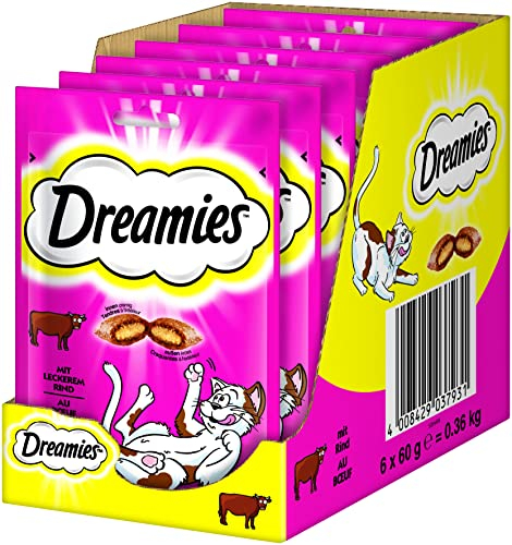 DREAMIES Katzensnacks - 6x60g - mit Rind - Traumhaft knusprige Katzen Leckerlies mit zarter Füllung
