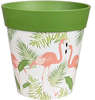 Hum Flowerpots, 22cm, Various Patterns Colours and Sizes, Indoor/Outdoor Plastic Plant Pot, Green Flamingo