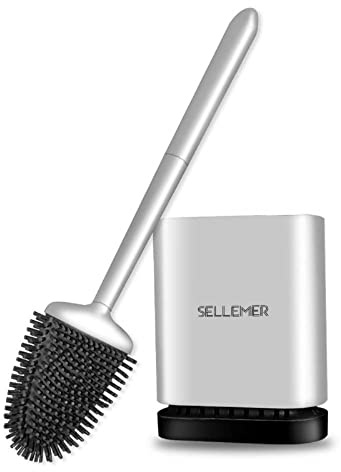 Sellemer Toilet Brush and Holder Set - Flexible Toilet Bowl Brush Head with Silicone Bristles, Compact Size for Storage and Organization, Ventilation Slots Base (1 Pack, Silver)