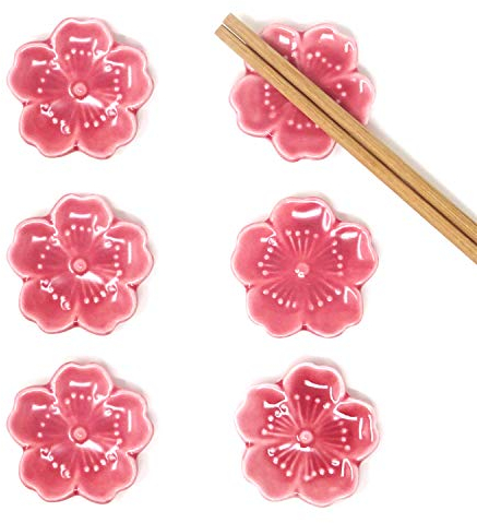 Honbay 6PCS Elegant Cherry Blossom Ceramic Chopsticks Rest Rack Stand Holder for Chopsticks, Forks, Spoons, Knives, Paint Brushes (pink)