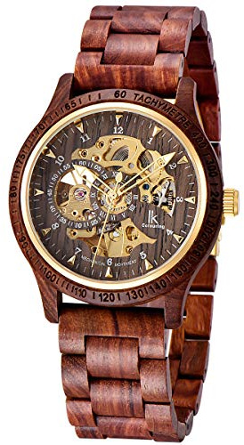 Alienwork Orologio Automatico Uomo Rosso Bracciale in Legno Nero Scheletro Legno Naturale