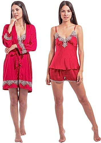 Laura in - Pigiama da Donna in Raso setoso Tinta Unita Lingerie Pigiami con Pizzo Set da 5 Pezzi Robe Accappatoio, Camicie da Notte, Top, Pantaloni, pantaloncini-1102RossoM