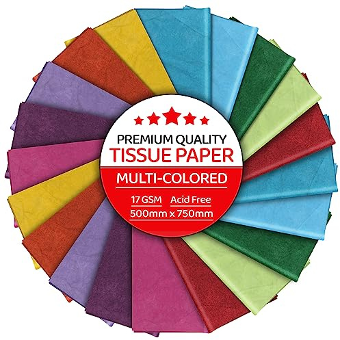 Multi Coloured Tissue Paper 30 Sheets, YUNJU Gift Wrap, MF and Acid Free, Large 20 X 30 Size, Wrapping Decorative Sketch and Cutting Paper for Art Craft & Packing