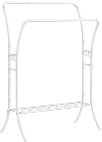 SONGMICS Kleiderständer, Kleiderstange, 2 Garderobenstangen, Garderobenständer, Garderobe aus Metall, 6 Haken, Ablage, Kleideraufbewahrung für Schlafzimmer, Wohnzimmer, wolkenweiß HSR109W01