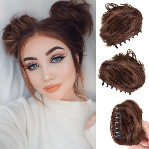 RPAEOY 2 Piezas Moños Postizos de Pelo con Garra Mini Pinza Desordenado Extensión de Moño Sintético Extensiones de Cabello Ondulado para Mujeres (Castaño Claro)