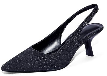 Zhabtuc Zapatos de Tacón para Mujer, Tacones de Kitten de 10 CM, con Tira en el Talón, Punta Cerrada y Tacones Bajos, Brillo Negro, 38.5 EU