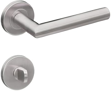Gavroche Stainless Steel Door Handle Set Toilet / Bathroom Door Handles for Interior Doors Handle Set for Room Door with Round Rosette Fitting Door Fitting in L-Shape