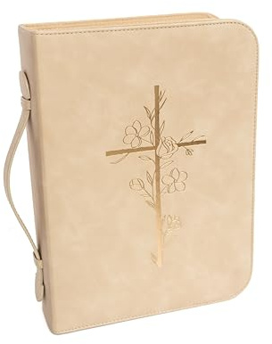 Bible Cover Case for Women – PU Leather Large Bible Case with Minimalist Debossed Design – Christian Bible Accessories for Girls & Women (Beige/Gold)