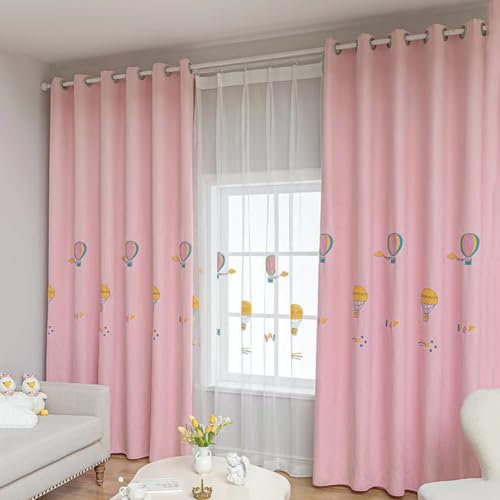 Lsimeru Kindergardinen Mädchen Blickdicht Kurz Rosa Ballon Regenbogen Stickerei Verdunklungsvorhänge 2 Stücke Blickdicht Gardinen für Kinderzimmer Babyzimmer,140x160