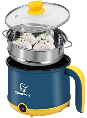 1.8L Mini Electric Cooking Pot with Steam Rack & Handle, 2 Gear Non-Stick Electric Pot, Over-Heating & Boil Dry Protection for Soup, Porridge, Pasta, Ramen Noodle