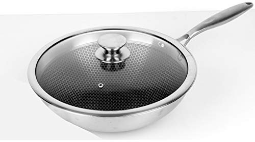 Wok antiaderente in acciaio inox da 32 cm con design a nido d'ape, padella sana e non rivestita adatta al forno con coperchio antigraffio per cucinare senza olio
