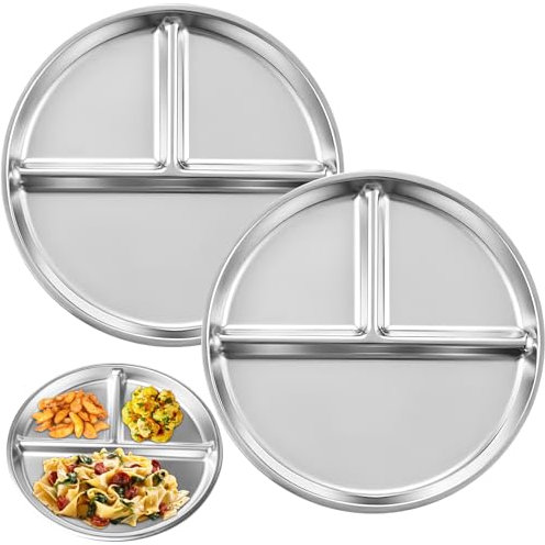 2 Stück Edelstahl Kinderteller, 23cm Teller mit Unterteilung, Kinderteller mit Unterteilung, Speiseteller aus Metall 304 für Kleinkinder, Edelstahlteller Baby, Camping-Esstray, Spülmaschinenfest