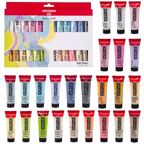 Conjunto de pinturas acrílicas Amsterdam Standard Series Colores suaves, 24 x 20 ml - Paleta pastel, pigmentos resistentes a la luz, inodoros a base de agua, adecuada para varias superficies, embalaje