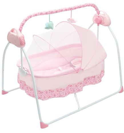 gucdaqc Electric Baby Crib 0-25kg Automatic Baby Bouncer Hub Swing With Bluetooth Newborns Rocker With 5 Swing Settings Electric Infant Cradle Foldable & Portable Dual Control For 0-18 Months (Pink)