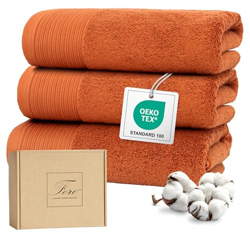 Ferò Lot de 3 Serviette Main Luxe – 100% Coton Premium Low Twist 550 g/m², Doux & Absorbant, Oeko-TEX, Design Italien, Invité & Main, 30x50 cm, Terre Cuite