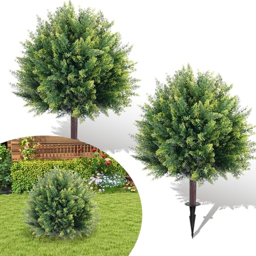 2 Pcs Artificial Cypress Topiary Ball with Ground Spike, UV-Resistant Artificial Tree for Outdoor Indoor Decorative, Faux Plants for Garden Porch Home Office (Cypress)