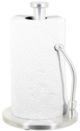 SPARES2GO Kitchen Roll Holder Weighted Base Stainless Steel Paper Towel Stand with Spring Tension Arm (Silver)