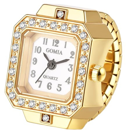Oidea Mens Womens Finger Watch: Luxury Rhinestones Diamond Decor Square Dial Stretchy Band Elastic Analog Quartz Business Casual Ring Watches