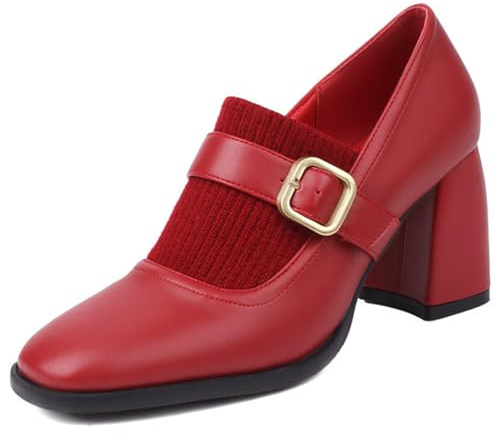 Qynthra Décolleté Mary Jane da Donna Punta Quadrata Tacco Largo con Fibbia Dorata e Parte Superiore in Maglia Morbida Stile retrò Elegante,Rosso,35 EU