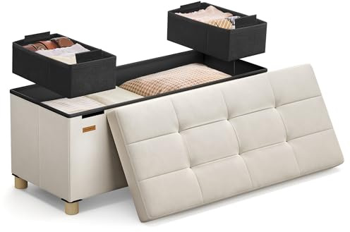 SONGMICS Storage Ottoman, Storage Bench with Legs, End of Bed Bench, for Bedroom, Living Room, Entryway, Velvet, 76 x 38 x 38.5 cm, 77 L, Light Beige LSF0517LH02