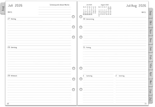 2026 2027 Wochenplaner Einlage A5 6 Löcher(Deutsch), 1 Woche 2 Seiten mit Monatsregistern Notizen, Kontakt, August 2026 - July 2027, 100 GSM Nachfüllpapier für Kalender 26/27 Planer Organizer
