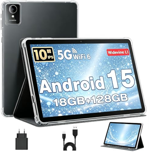 Tablette 10 Pouces, Tablette Android 15 avec Étui, Unisoc T30 Quad-Core, 18 GO RAM + 128 GO ROM + 1 TO TF, Écran HD IPS 1280x800, Caméra Double 5MP + 8MP, 6000 mAh, WiFi 6, BT 5.0, Widevine L1 (Noir)