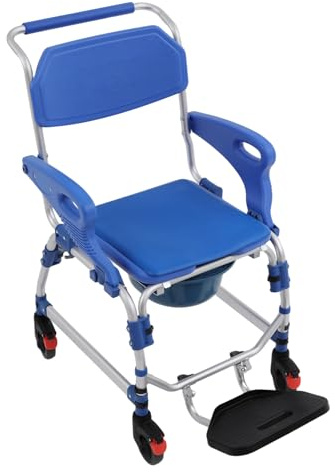Toalettstol, mobil duschstol, multifunktionell mobil dusch, rullstol, duschrullstol, vikbar toalettrullstol med urinhink, hjul för patienter, seniorer, funktionshindrad bärförmåga, 125 kg