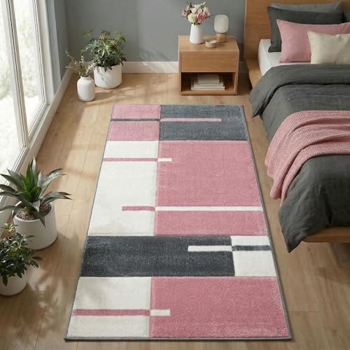 Carpetsale24 Teppich Läufer 80x150 cm Kurzflor Konturenschnitt in Pink Grau Weiß Kariertes Design, Waschbar, Pflegeleicht, Extra Weich Für Flur, Küche, Schlafzimmer