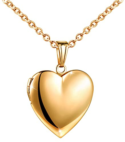 MicVivien Golden Personalized Heart Locket Picture Necklace Stainless Steel Memory Photo Heart Pendant Necklace with Butterfly/Tree of Life/Plain Pattern