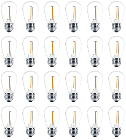 Meconard Paquete de 24 bombillas LED S14 de repuesto, inastillables, para exteriores, 1 W para reemplazar bombilla incandescente de 11 W, base de rosca mediana regular E26, blanco cálido de 2200 K, no