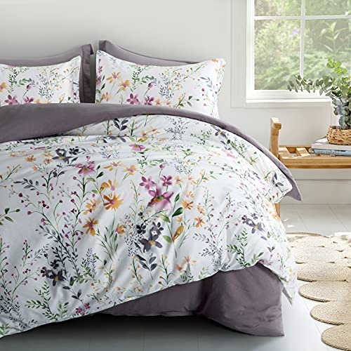 Eikei Windflower Bedding Bloomfield Floral Duvet Cover 3pc Set Cotton Botanical Nature Vines Branches Birds Butterflies Multicolored Flowers (Super King, White)