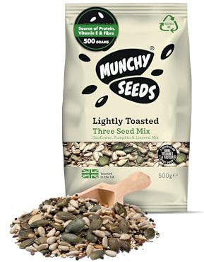 Munchy Seeds Lightly Toasted 3 Seed Mix, Pumpkin Seeds, Sunflower Seeds & Flaxseed, Free from Nuts, Seeds for Baking, Breakfast Cereals & Granola, Mixed Seeds to Eat, Mixed Seeds for Eating 500g