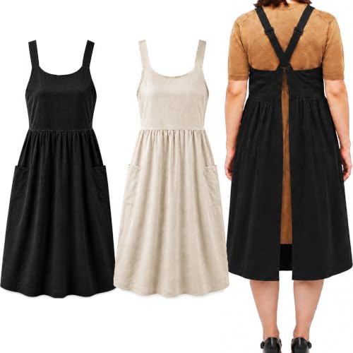 Uaussi Cotton Linen Apron Cross Back Work Apron for Women with Pockets Pinafore Dress X Cross Halter Apron for Baking Chef Garden