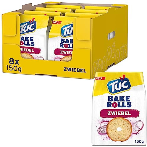 TUC Bake Rolls Zwiebel – Knusprige doppelt gebackene Brotchips – 8 x 150g