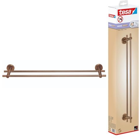 tesa Moon Bronze Doppel-Handtuchstange in gebürsteter Bronze - Selbstklebender Handtuchhalter mit 2 Stangen - aus PVD-beschichtetem Metall - ohne Bohren, inkl. Klebelösung - 640mm x 49mm x 115mm