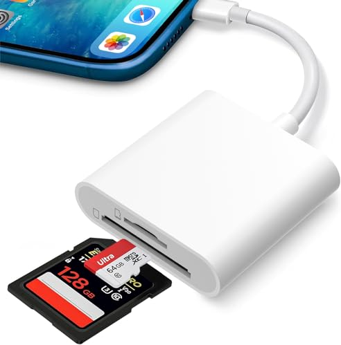 Lecteur de Carte SD pour iPhone iPad, Aplimln Lightning Adaptateur de Carte SD pour iPhone avec Double Fente pour Micro SD/SD, Lecteurs Carte Mémoire Externes pour iPhone 14/13/12/11/XS/XR