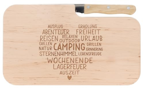 Spruchreif Tabla de cortar pan con cuchillo Wortherz – Camping – Tabla de madera grabada con diseño de campista | Idea de regalo para los amantes del camping y los amantes del aire libre