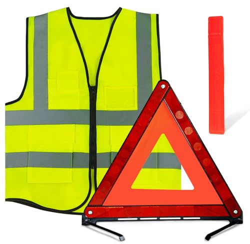 WYFDZZP 2in1 Warndreieck kfz Warnwesten Set, 360 Grad Reflektierend Warndreieck, Reflektierend Notfalldreieck, KFZ Warnweste, Notfalldreieck Faltbar, Pannendreieck Faltbar mit Aufbewahrungskoffer