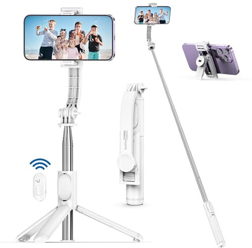 106 CM Palo Selfie Tripode, Retráctil Portátil Trípode con Mando a Distancia Inalámbrico & Clip Extraíble, Palo Selfie para Movil Giratorio de 360° Compatible con Iphone16/15/14/13/12/11/Android