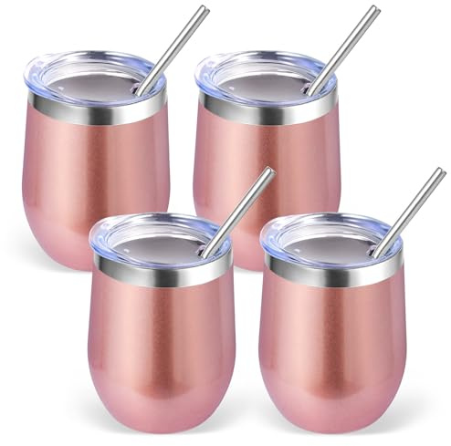 Volhoply 4 set vinmuggar i rostfritt stål 12 oz med lock, 350 ml, vakuumisolerade vinmuggar med dubbla väggar utan handtag, metallresekaffekoppar med sugrör, isolerade muggar