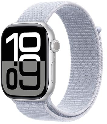 Apple Watch Series 10 GPS + Cellular 46 mm Smartwatch con cassa in alluminio Argento e Sport Loop Nuvola azzurra - One Size. Fitness tracker, app ECG, display Retina always-on, resistente all’acqua